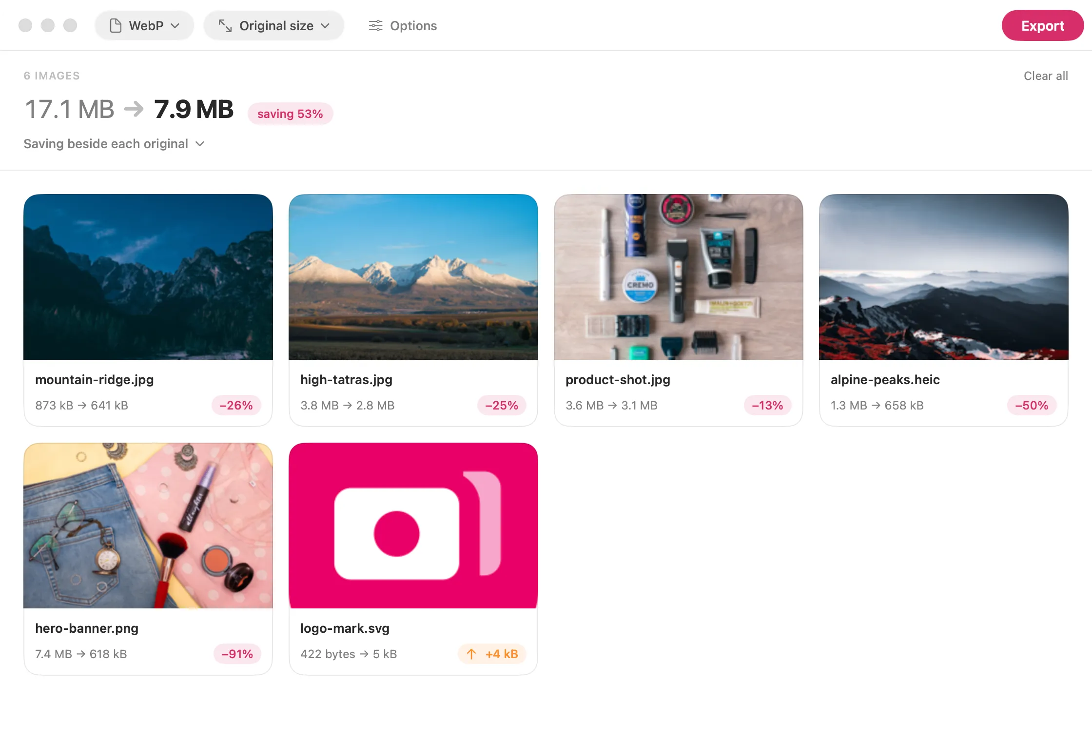 Images by Edmund with six files loaded and converting to WebP, showing 17.1 MB coming down to 7.9 MB