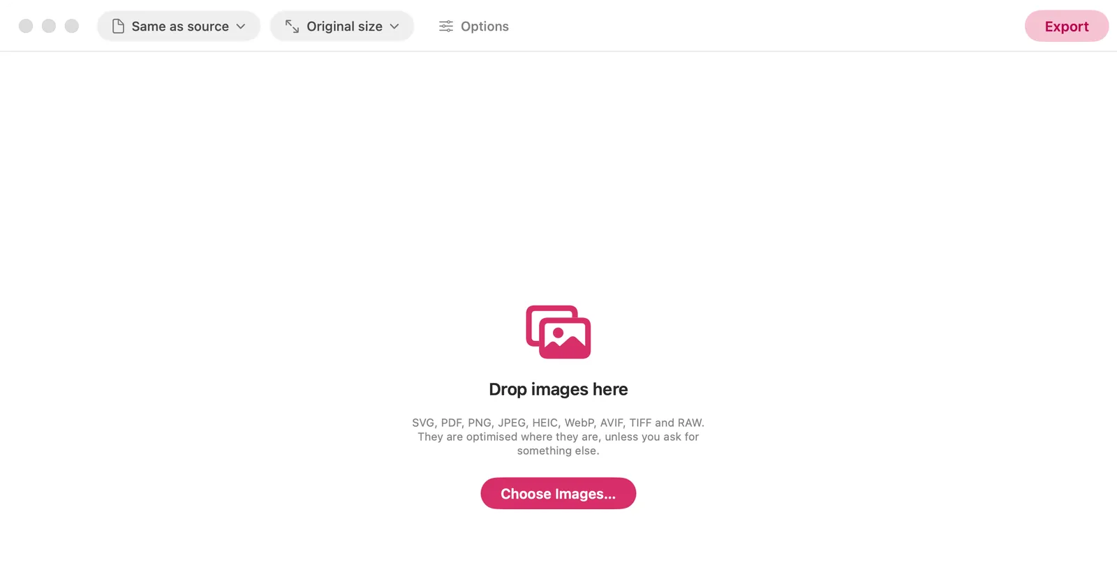 The empty Images by Edmund window, inviting you to drop images in and listing the formats it reads