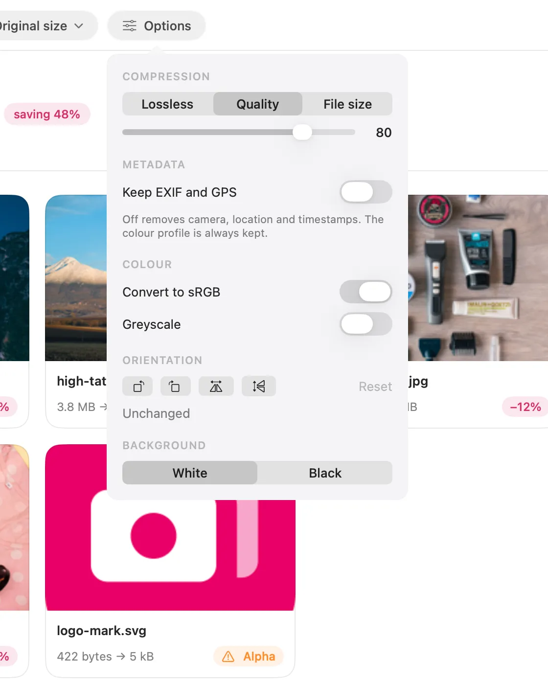 A close-up of the Options panel open over a batch: compression, metadata, colour, orientation and background controls