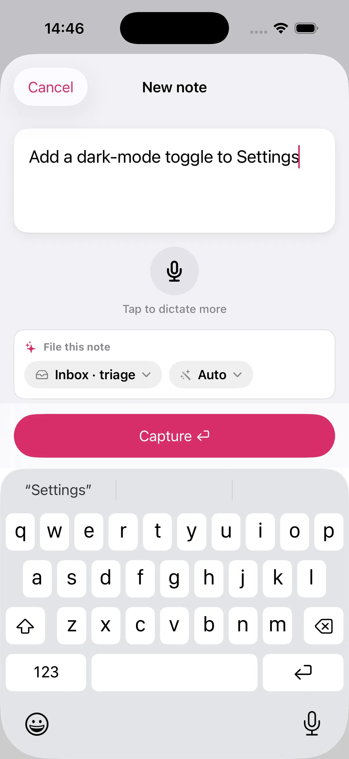 Typing a note on the Edmund capture screen on iPhone
