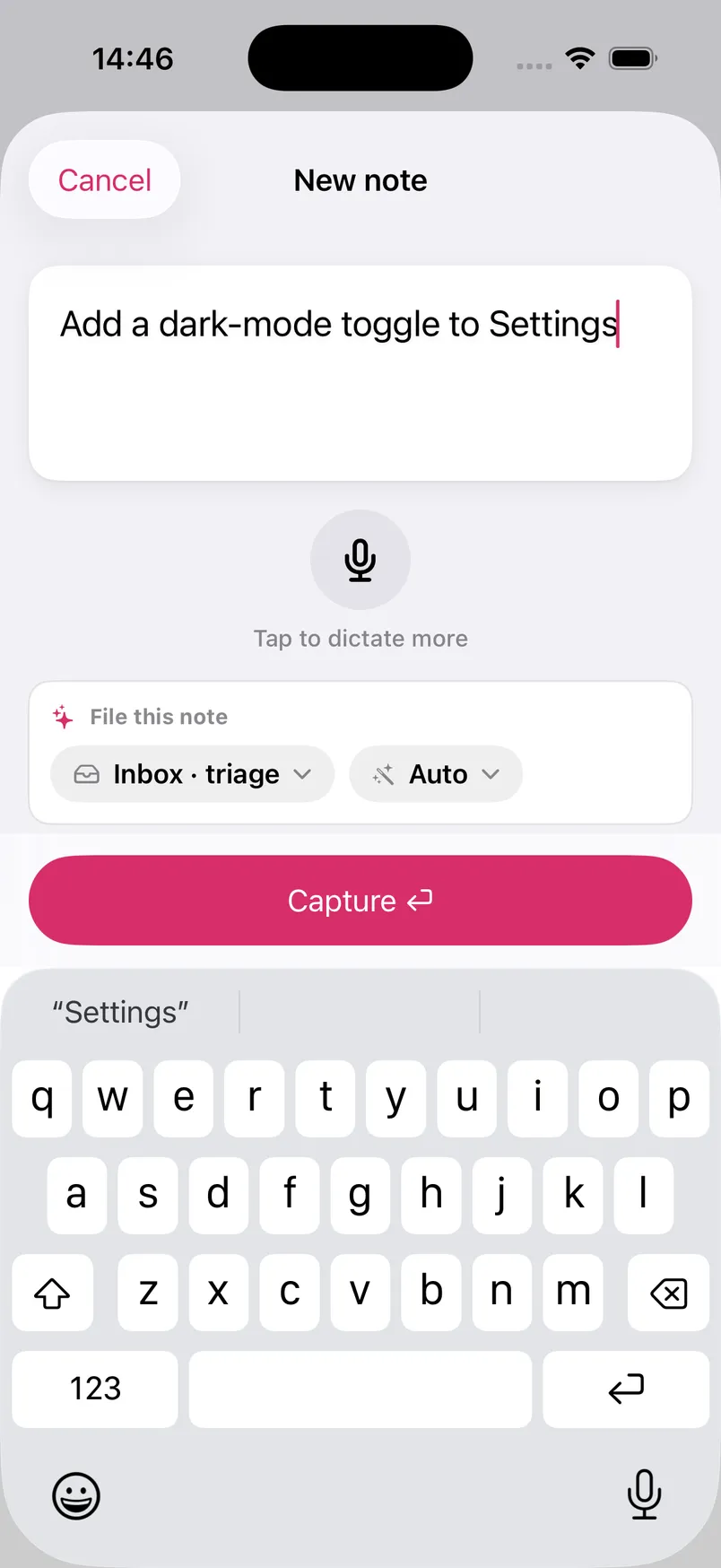 Edmund on iPhone, typing a note, ready to capture
