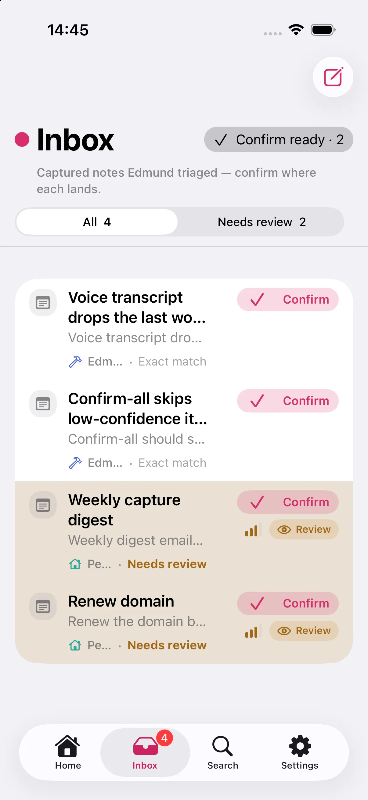 The Edmund Inbox showing triaged notes with their project guesses on iPhone