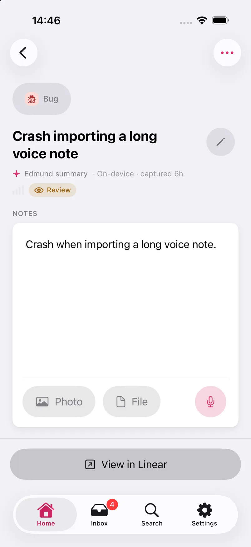 Edmund on iPhone, showing a note routed to Linear as a tidy issue