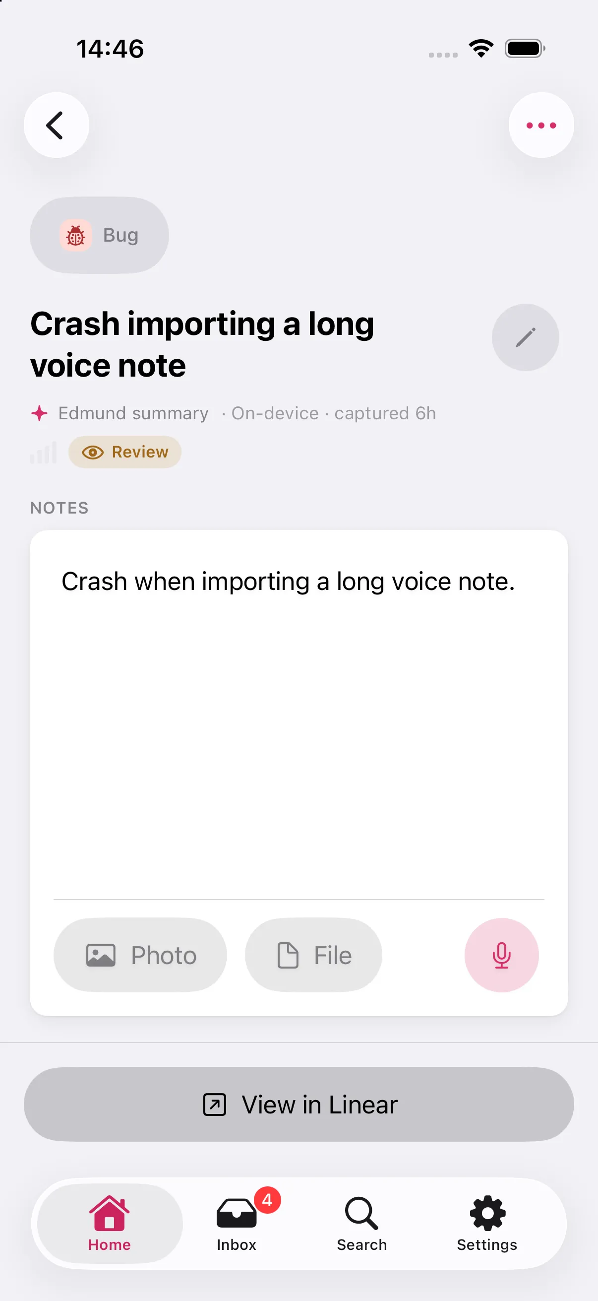 A routed note in Edmund showing its linked issue on iPhone