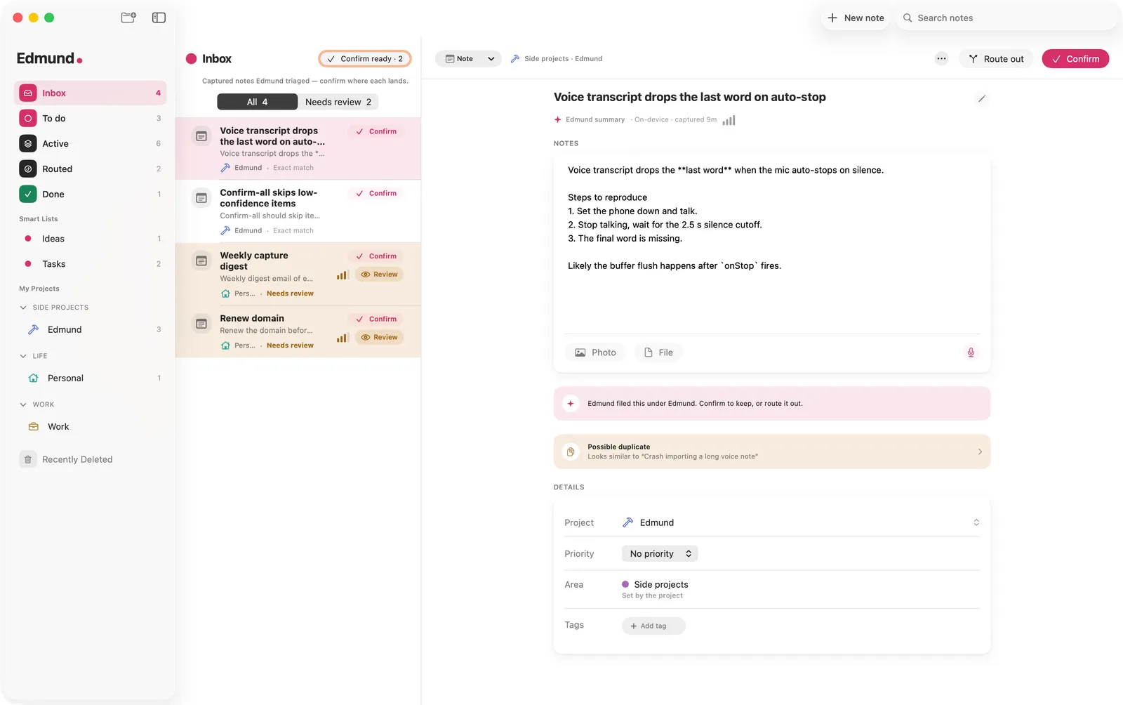 Edmund on Mac: the Inbox in a three-pane window, triaged and ready to confirm